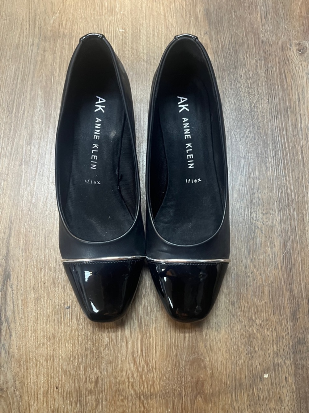 AK Anne Klein Mildred iFlex Black Patent Cap Toe Wedge Pumps Size 7.5